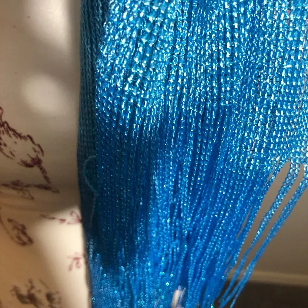 Kimberly C. Metallic Blue Fringe Scarf – Statement Evening Wrap